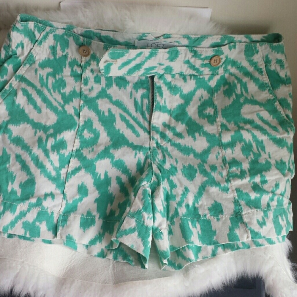 LOFT Teal and White Printed Cotton Shorts